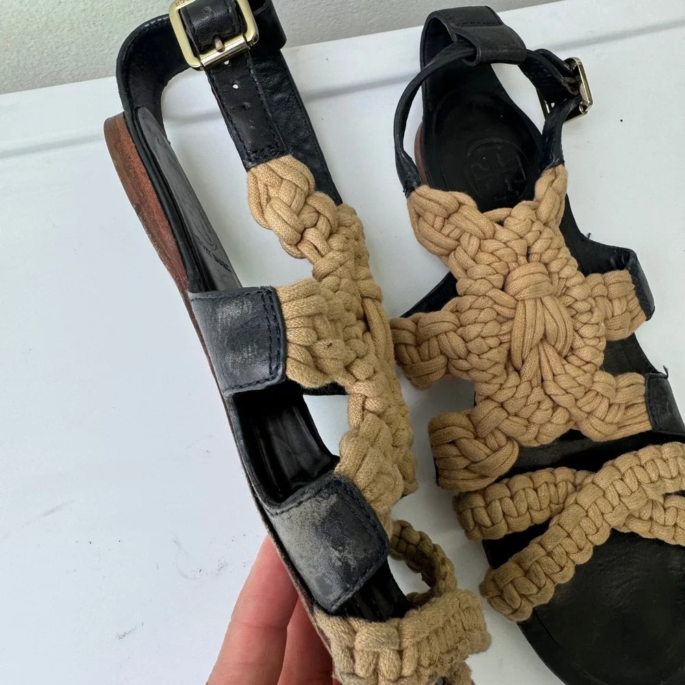 Tory Burch Sandals Macrame Leather Ankle Strap Flats Designer sz6 Leather Shoes
